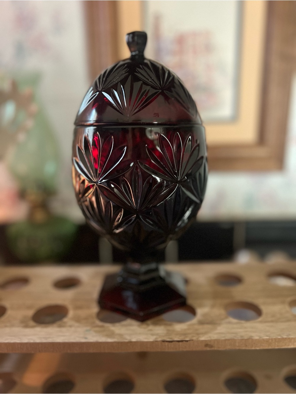 Cristal d'Arques Ruby Red Cut Glass Egg Shaped Pedestal Candy Dish w/Lid